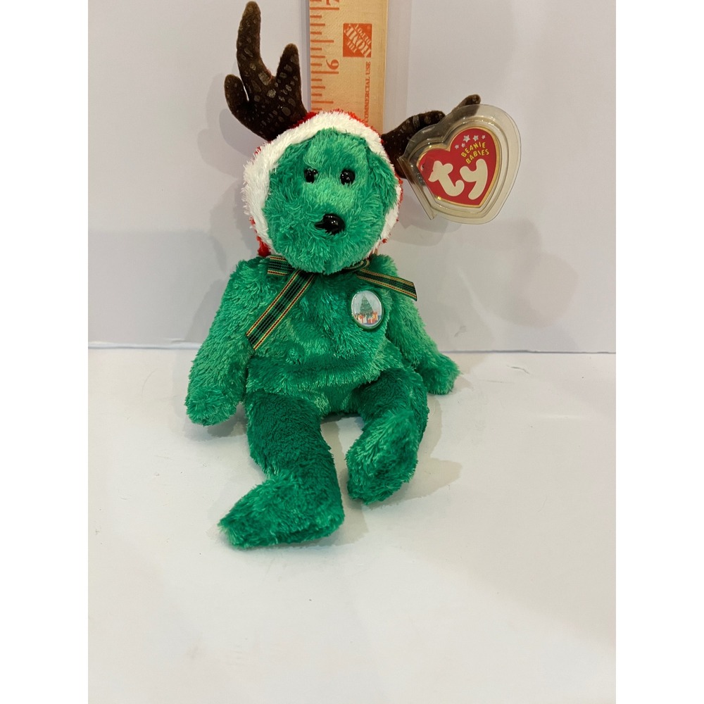 Ty Beanie Babies 2002 Holiday Teddy Green Reindeer Bear Santa Hat Antlers Plush